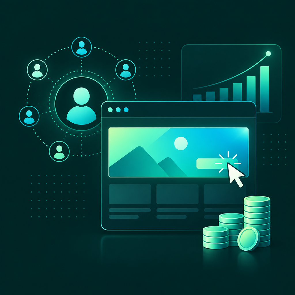 Browser window with a display banner ad, cursor click, audience targeting and a rising graph — Display Advertising