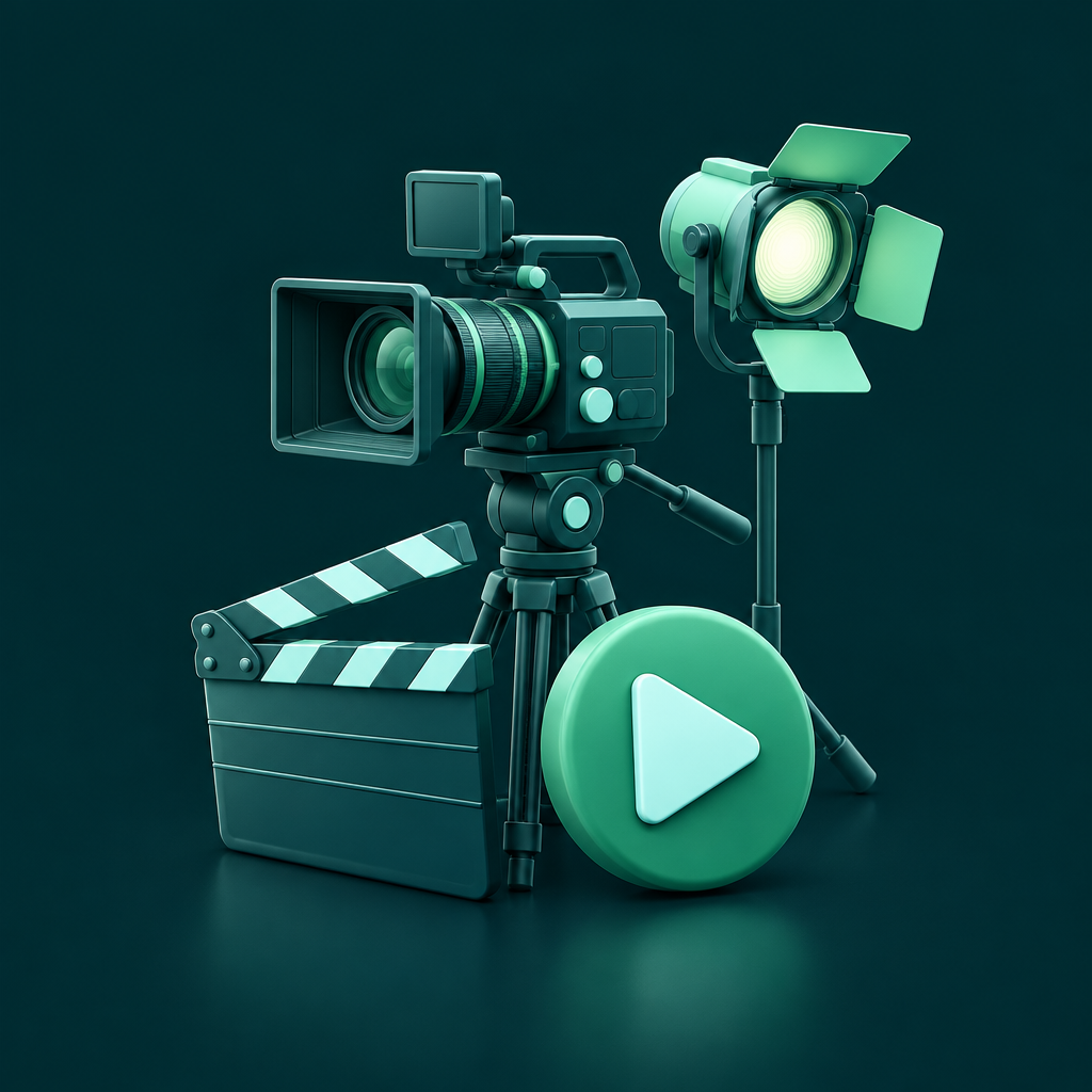 Camera, studio light and clapperboard — Video Production