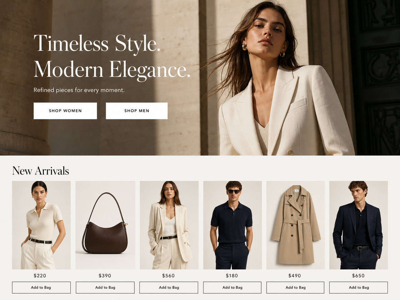 Luxury fashion e-commerce — live website screenshot