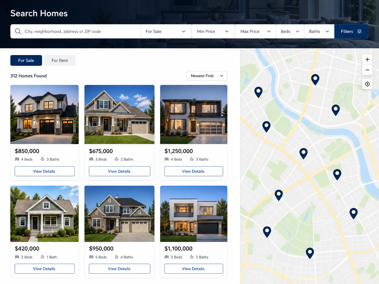 Real estate listings portal — live website screenshot